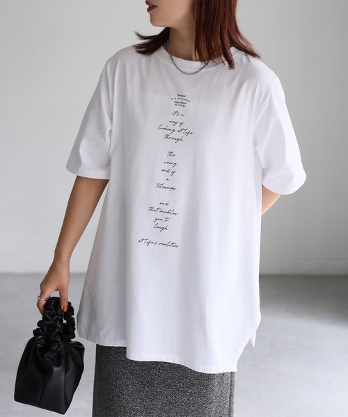 Riberry(リベリー)の「シルケット天竺ロゴプリントチュニックTシャツ(Tシャツ/カットソー・レディース・チャコールグレー/オフホワイト/イエロー・FREE)」の2枚目の写真