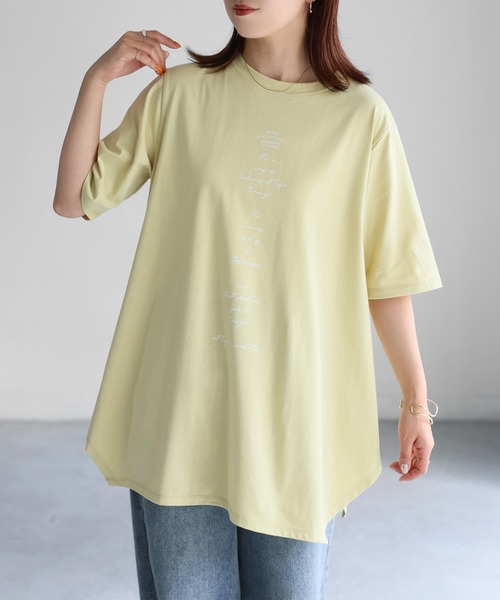 Riberry(リベリー)の「シルケット天竺ロゴプリントチュニックTシャツ(Tシャツ/カットソー・レディース・チャコールグレー/オフホワイト/イエロー・FREE)」の3枚目の写真