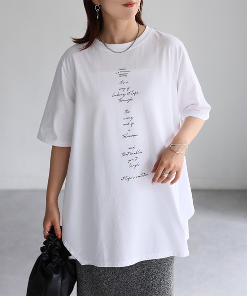Riberry(リベリー)の「シルケット天竺ロゴプリントチュニックTシャツ(Tシャツ/カットソー・レディース・チャコールグレー/オフホワイト/イエロー・FREE)」の5枚目の写真