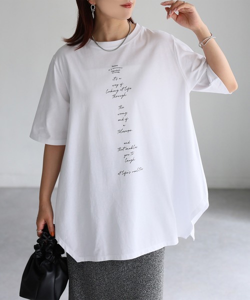 Riberry(リベリー)の「シルケット天竺ロゴプリントチュニックTシャツ(Tシャツ/カットソー・レディース・チャコールグレー/オフホワイト/イエロー・FREE)」の4枚目の写真
