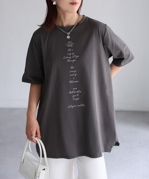 Riberry(リベリー)の「シルケット天竺ロゴプリントチュニックTシャツ(Tシャツ/カットソー・レディース・チャコールグレー/オフホワイト/イエロー・FREE)」の7枚目の写真