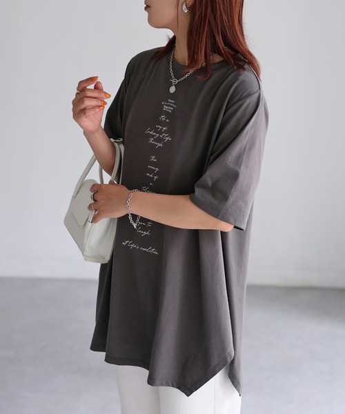 Riberry(リベリー)の「シルケット天竺ロゴプリントチュニックTシャツ(Tシャツ/カットソー・レディース・チャコールグレー/オフホワイト/イエロー・FREE)」の8枚目の写真