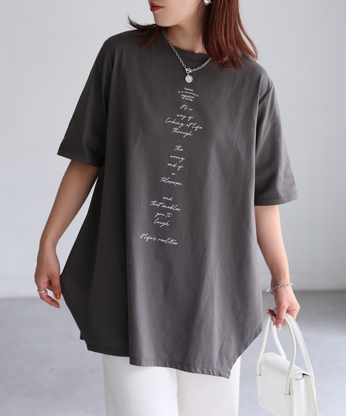 Riberry(リベリー)の「シルケット天竺ロゴプリントチュニックTシャツ(Tシャツ/カットソー・レディース・チャコールグレー/オフホワイト/イエロー・FREE)」の18枚目の写真