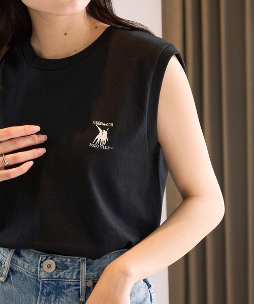 GREENWICH POLO CLUB(グリニッジポロクラブ)の「【GREENWICH POLO CLUB】別注 ワンポイント刺繍 ノースリーブトップス(Tシャツ/カットソー・レディース・ブラック/ホワイト系1/ホワイト・M)」の3枚目の写真