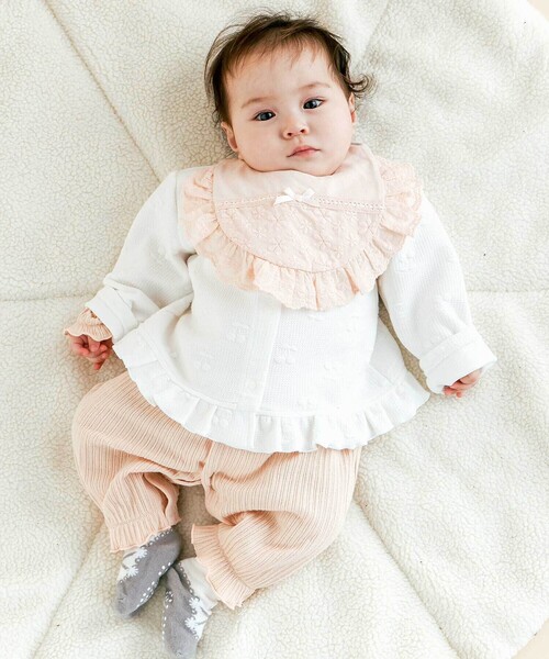 SLAP SLIP BABY(スラップスリップベビー)の「縁レースはしごレースリボンスタイベビー(スタイ/よだれかけ・キッズ・ホワイト/ピンク・FREE)」の3枚目の写真