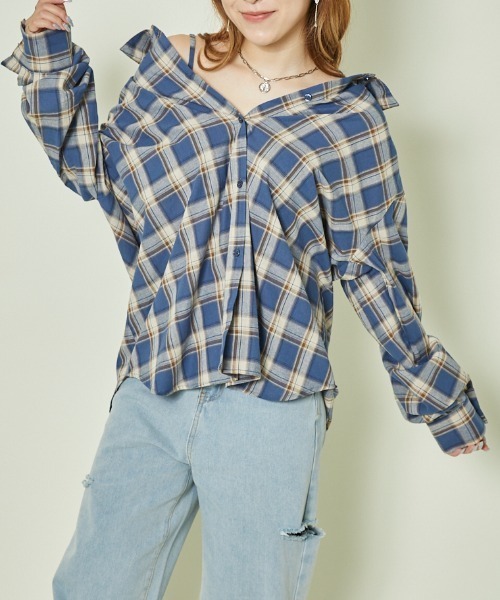 GORGE(ゴージ)の「《ゆるっと3WAY》チェックシャツ/こなれアレンジ自在(シャツ/ブラウス・レディース・ブルー/レッド/ボルドー/ブラック/ベージュ×ブラック・F)」の16枚目の写真