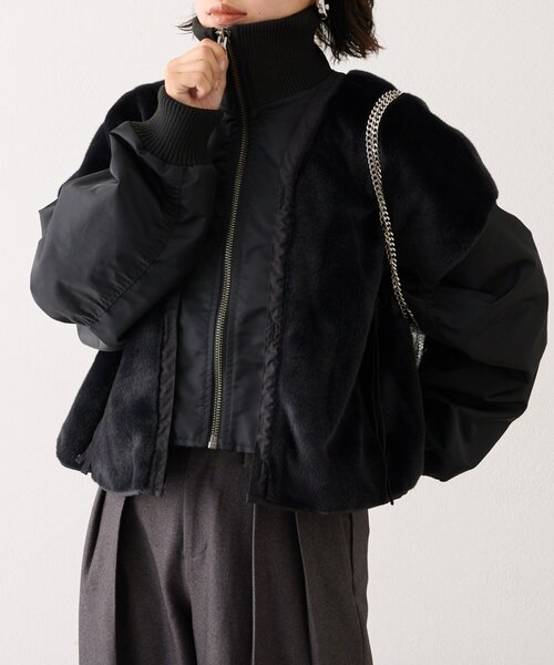 本日限定価格！etsinta ファー切替ショートスタンドジャケット etsinta ブルゾン アウター 「etsinta」ファー切替ショートスタンド