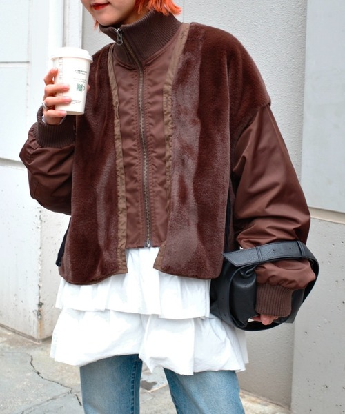 etsinta】ファー切替ショートスタンドジャケット/WEB限定カラーあり