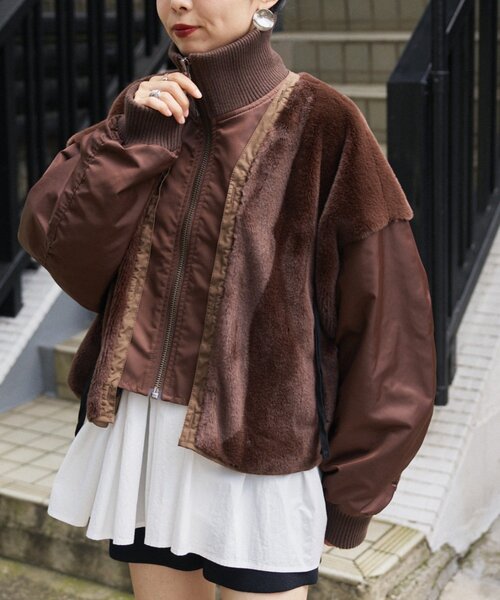 etsinta】ファー切替ショートスタンドジャケット/WEB限定カラーあり