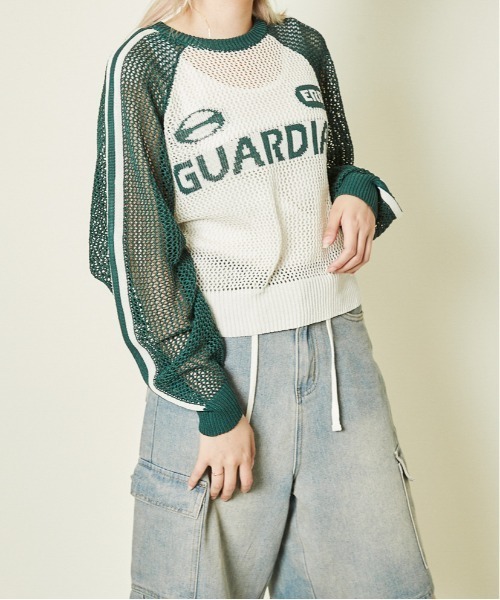 GORGE(ゴージ)の「《メッシュ×ライン袖》レディース ニットプルオーバー 透かし編み 春夏秋(ニット/セーター・レディース・ボルドー/ブラック/グリーン・F)」の2枚目の写真