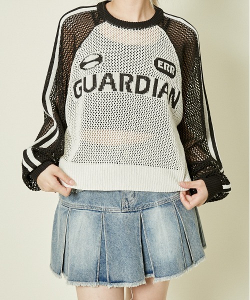 GORGE(ゴージ)の「《メッシュ×ライン袖》レディース ニットプルオーバー 透かし編み 春夏秋(ニット/セーター・レディース・ボルドー/ブラック/グリーン・F)」の1枚目の写真