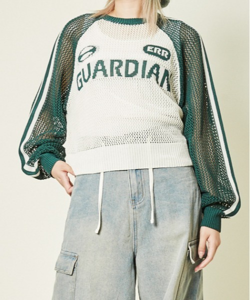 GORGE(ゴージ)の「《メッシュ×ライン袖》レディース ニットプルオーバー 透かし編み 春夏秋(ニット/セーター・レディース・ボルドー/ブラック/グリーン・F)」の4枚目の写真