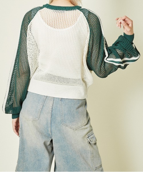 GORGE(ゴージ)の「《メッシュ×ライン袖》レディース ニットプルオーバー 透かし編み 春夏秋(ニット/セーター・レディース・ボルドー/ブラック/グリーン・F)」の7枚目の写真