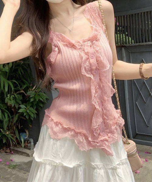 レースフリル ニットタンクトップ 韓国風（タンクトップ