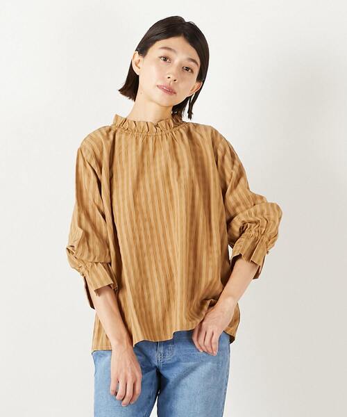 MELROSE claire（メルローズ クレール）の「【シャドーギンガムサッカースタンドフリルブラウス】（シャツ/ブラウス・レディース・アイボリー/ブラック/キャメル・FREE）」の3枚目の写真