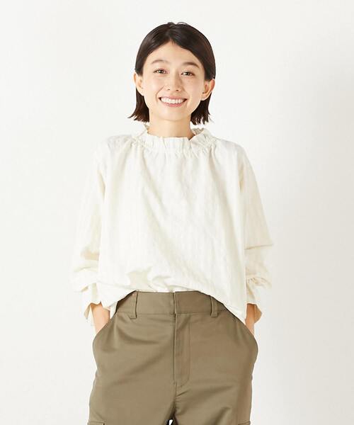 MELROSE claire（メルローズ クレール）の「【シャドーギンガムサッカースタンドフリルブラウス】（シャツ/ブラウス・レディース・アイボリー/ブラック/キャメル・FREE）」の2枚目の写真