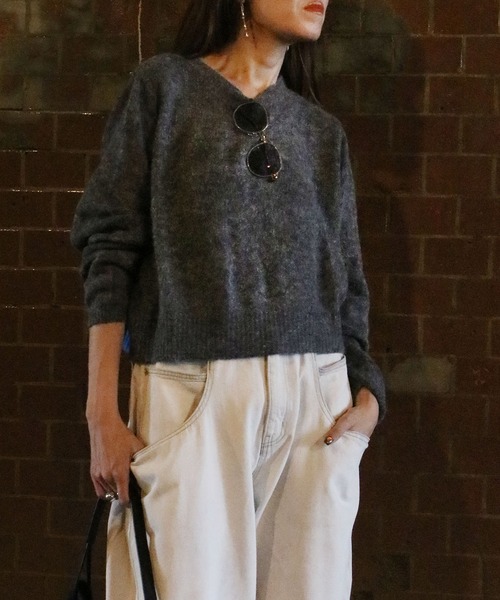 Scrap Book（スクラップブック）の「【CYAN TOKYO】ウールモヘア配色ショートPO（ニット/セーター・レディース・オレンジ/ブルー/グレー・FREE）」の2枚目の写真