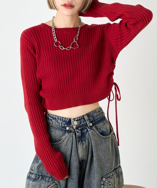 w closet（ダブルクローゼット）の「ドロストショートニット（ニット/セーター・レディース・ブルー/アイボリー/グリーン/レッド/イエロー/ネイビー・FREE）」の6枚目の写真