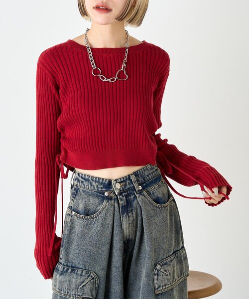 w closet（ダブルクローゼット）の「ドロストショートニット（ニット/セーター・レディース・ブルー/アイボリー/グリーン/レッド/イエロー/ネイビー・FREE）」の11枚目の写真