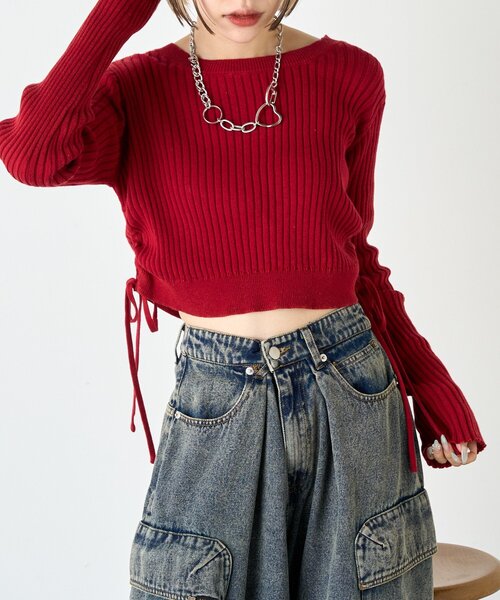 w closet（ダブルクローゼット）の「ドロストショートニット（ニット/セーター・レディース・ブルー/アイボリー/グリーン/レッド/イエロー/ネイビー・FREE）」の12枚目の写真