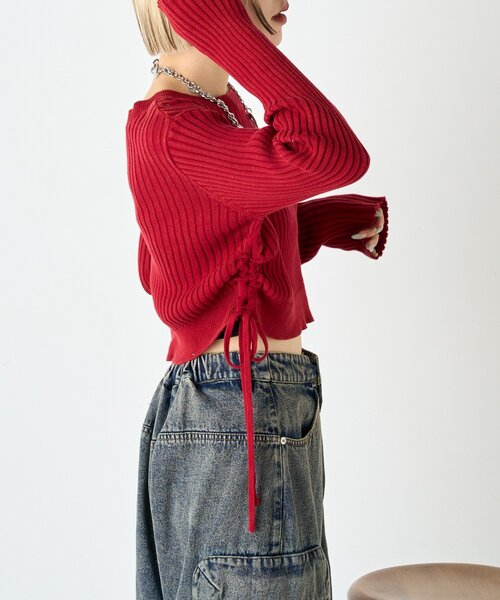 w closet（ダブルクローゼット）の「ドロストショートニット（ニット/セーター・レディース・ブルー/アイボリー/グリーン/レッド/イエロー/ネイビー・FREE）」の13枚目の写真