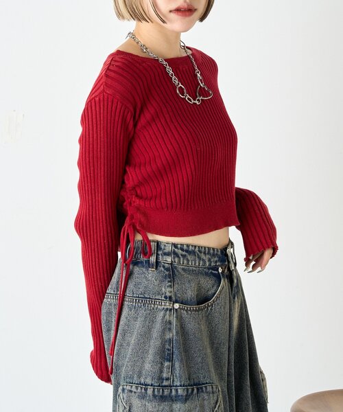 w closet（ダブルクローゼット）の「ドロストショートニット（ニット/セーター・レディース・ブルー/アイボリー/グリーン/レッド/イエロー/ネイビー・FREE）」の14枚目の写真