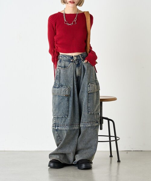 w closet（ダブルクローゼット）の「ドロストショートニット（ニット/セーター・レディース・ブルー/アイボリー/グリーン/レッド/イエロー/ネイビー・FREE）」の16枚目の写真