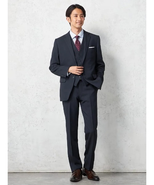 【ロングシーズン/秋冬春】 WEB限定 洗える/ベスト付 3ピース スーツ セットアップ ヘリンボン 防シワ (上下セット)