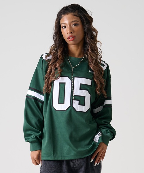 FUBU（ フブ）の「FUBU フブ ブランド ロゴ ナンバー ワッペン Vネック 長袖 ゲームシャツ（Tシャツ/カットソー・メンズ・ホワイト/ブラック/グリーン・XL/L/M/XXL）」の3枚目の写真