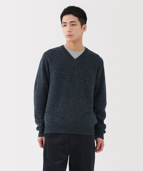 紳士 ウールミドルゲージ畦編みVネックセーター（ニット/セーター