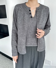 キーネックカーディガン風ニットトップス