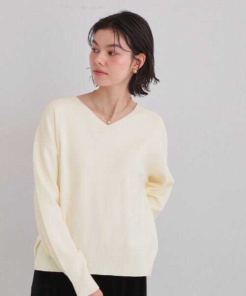 Vネック 長袖ニットセーター（tamaki niime） CA Knit ストライプ アルパカ｜tamaki niime 玉木新雌