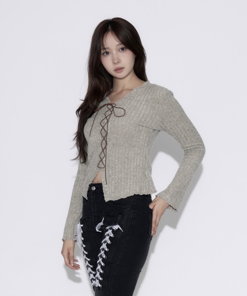 tinkerend(ティンカーエンド)の「Frill Neck Shoelace Cardigan / フリルネックシューレースカーディガン(ニット/セーター・レディース・チャコールグレー/グレー・FREE)」の1枚目の写真