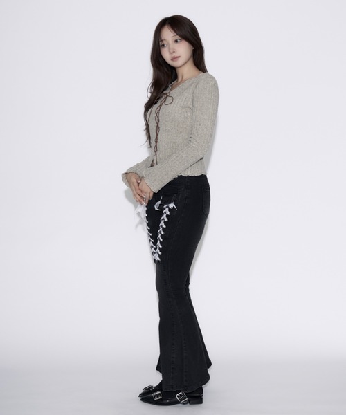 tinkerend(ティンカーエンド)の「Frill Neck Shoelace Cardigan / フリルネックシューレースカーディガン(ニット/セーター・レディース・チャコールグレー/グレー・FREE)」の7枚目の写真
