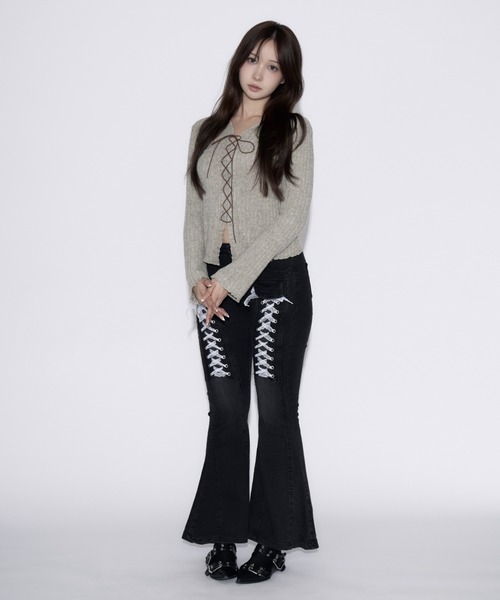 tinkerend(ティンカーエンド)の「Frill Neck Shoelace Cardigan / フリルネックシューレースカーディガン(ニット/セーター・レディース・チャコールグレー/グレー・FREE)」の6枚目の写真