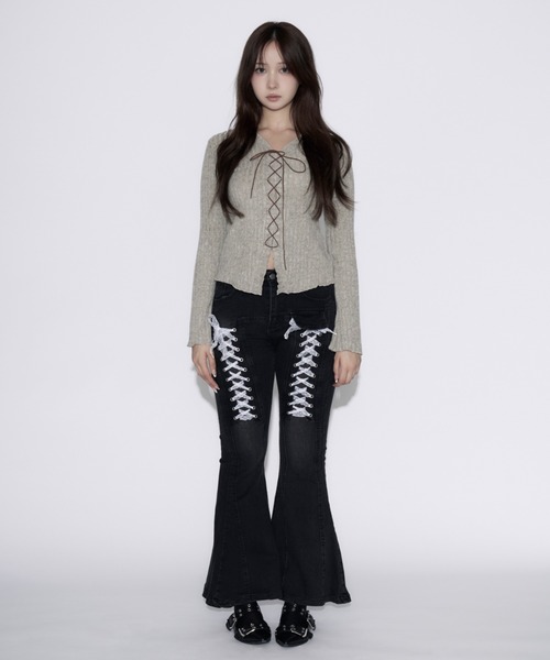 tinkerend(ティンカーエンド)の「Frill Neck Shoelace Cardigan / フリルネックシューレースカーディガン(ニット/セーター・レディース・チャコールグレー/グレー・FREE)」の16枚目の写真