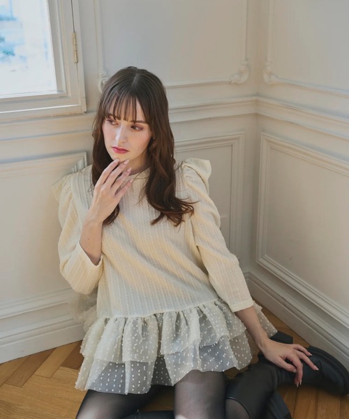 セール】裾ドットチュールフリルトップス（Tシャツ/カットソー）｜M