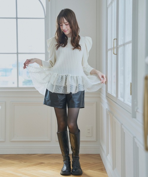 セール】裾ドットチュールフリルトップス（Tシャツ/カットソー