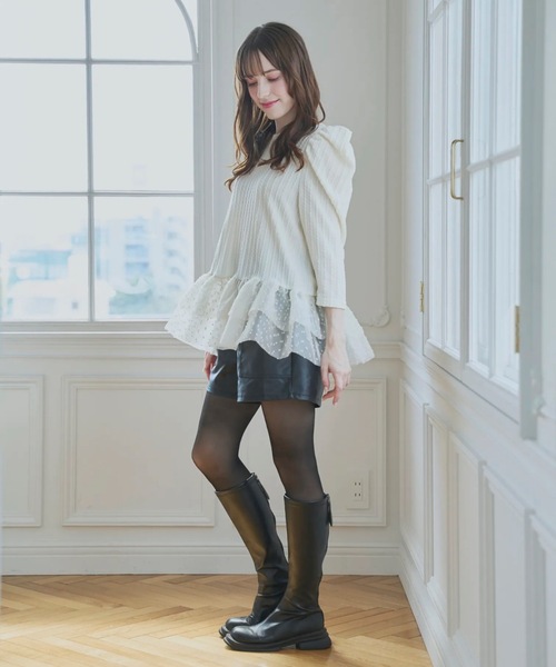 セール】裾ドットチュールフリルトップス（Tシャツ/カットソー）｜M