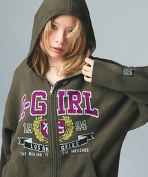 X-girl（エックスガール）の「COLLEGE LOGO JACQUARD ZIP UP KNIT HOODIE（ニット/セーター・レディース）」