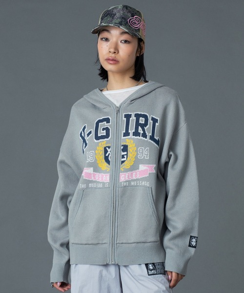 COLLEGE LOGO JACQUARD ZIP UP KNIT HOODIE（ニット/セーター）｜X
