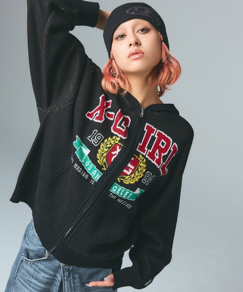 COLLEGE LOGO JACQUARD ZIP UP KNIT HOODIE（ニット/セーター）｜X