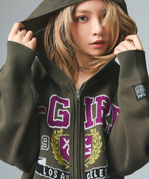 X-girl(エックスガール)の「COLLEGE LOGO JACQUARD ZIP UP KNIT HOODIE(ニット/セーター・レディース・ブラック/オリーブ/ライトグレー・ONE SIZE)」の4枚目の写真
