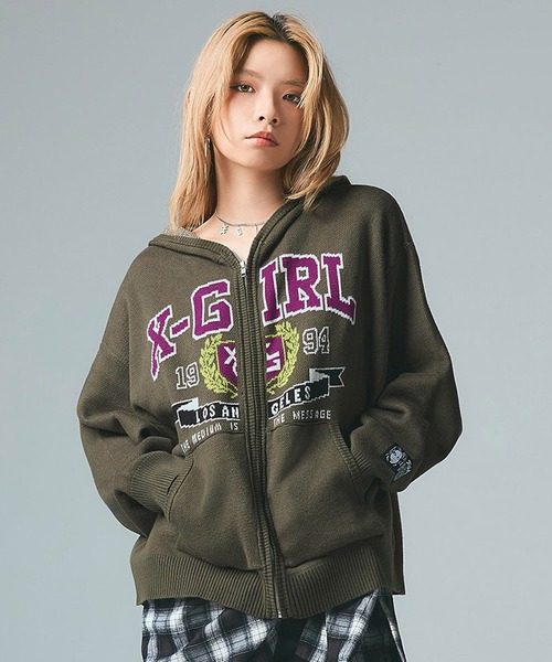 COLLEGE LOGO JACQUARD ZIP UP KNIT HOODIE（ニット/セーター）｜X