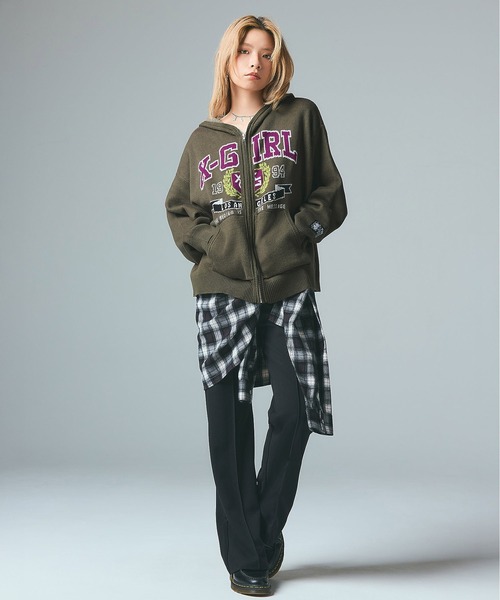 X-girl(エックスガール)の「COLLEGE LOGO JACQUARD ZIP UP KNIT HOODIE(ニット/セーター・レディース・ブラック/オリーブ/ライトグレー・ONE SIZE)」の6枚目の写真