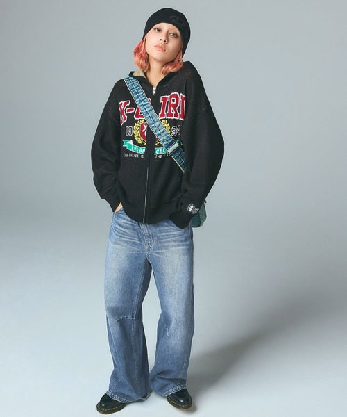 X-girl(エックスガール)の「COLLEGE LOGO JACQUARD ZIP UP KNIT HOODIE(ニット/セーター・レディース・ブラック/オリーブ/ライトグレー・ONE SIZE)」の7枚目の写真