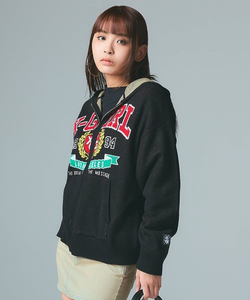X-girl(エックスガール)の「COLLEGE LOGO JACQUARD ZIP UP KNIT HOODIE(ニット/セーター・レディース・ブラック/オリーブ/ライトグレー・ONE SIZE)」の8枚目の写真