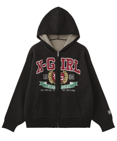 X-girl(エックスガール)の「COLLEGE LOGO JACQUARD ZIP UP KNIT HOODIE(ニット/セーター・レディース・ブラック/オリーブ/ライトグレー・ONE SIZE)」の10枚目の写真