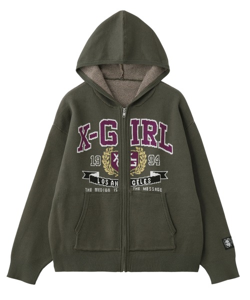 X-girl(エックスガール)の「COLLEGE LOGO JACQUARD ZIP UP KNIT HOODIE(ニット/セーター・レディース・ブラック/オリーブ/ライトグレー・ONE SIZE)」の11枚目の写真