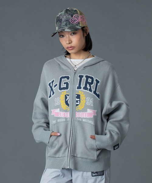 X-girl(エックスガール)の「COLLEGE LOGO JACQUARD ZIP UP KNIT HOODIE(ニット/セーター・レディース・ブラック/オリーブ/ライトグレー・ONE SIZE)」の17枚目の写真